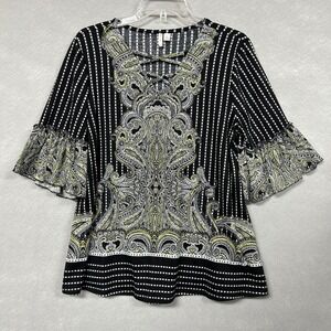 C est 1946 Women S Blouse Black Paisley 3/4 Bell Sleeve V-Neck Boho Hippie Top